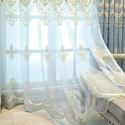 Europese Borduur Blauwe Gordijnen voor Woonkamer Slaapkamer Eetkamer Verduisterend Raamdecoratie Chenille Tule Op Maat 1 PC W100cmxH250cm&Rod pocket