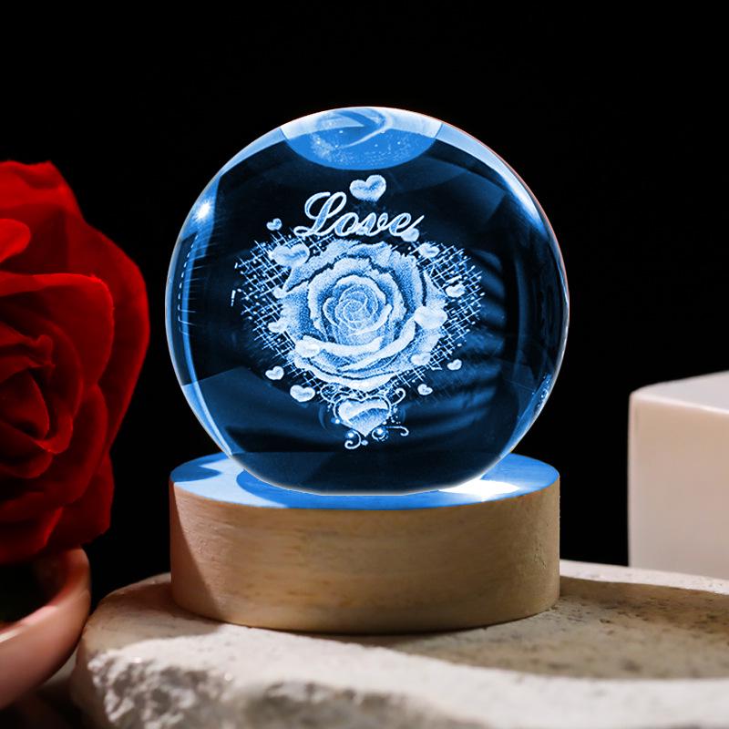 

3D Crystal Rose Heart Night Light Ornament - Perfect for Mother s Day & Valentine s 6CM Round Globe
