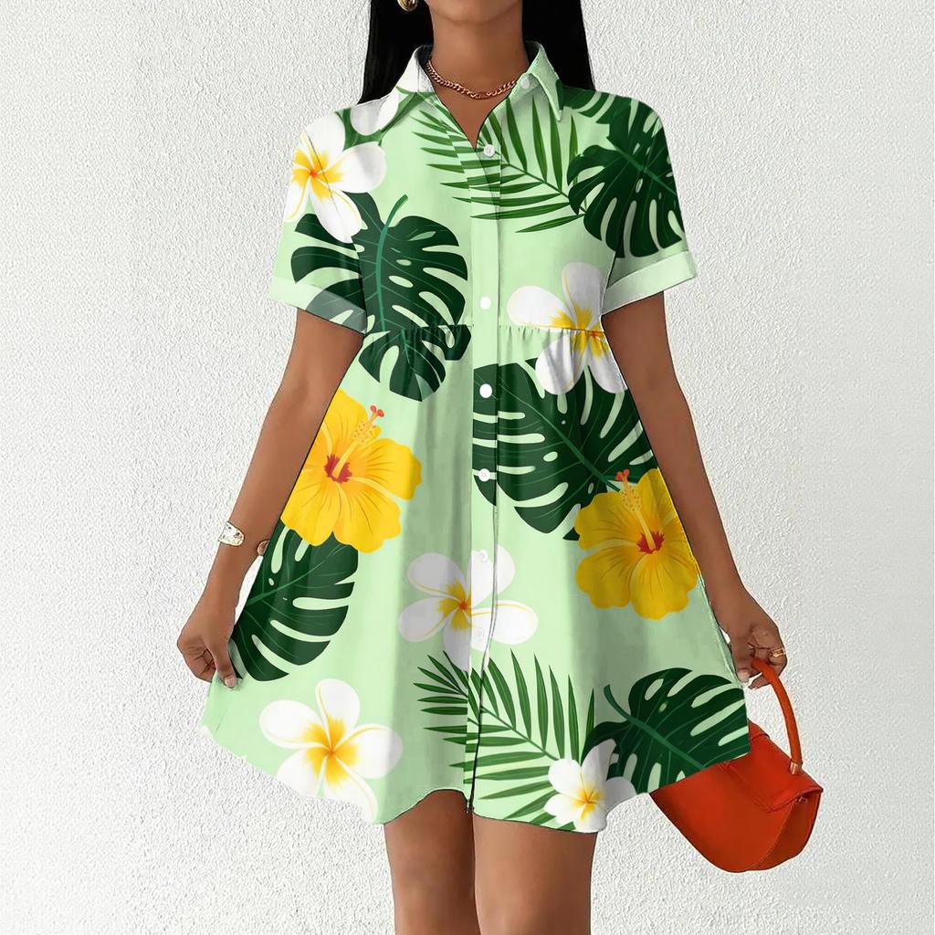 Women's Casual Loose Fit Shirt Dress Button Front Stand Collar Hawaiian Print Short Sleeve Summer Dress