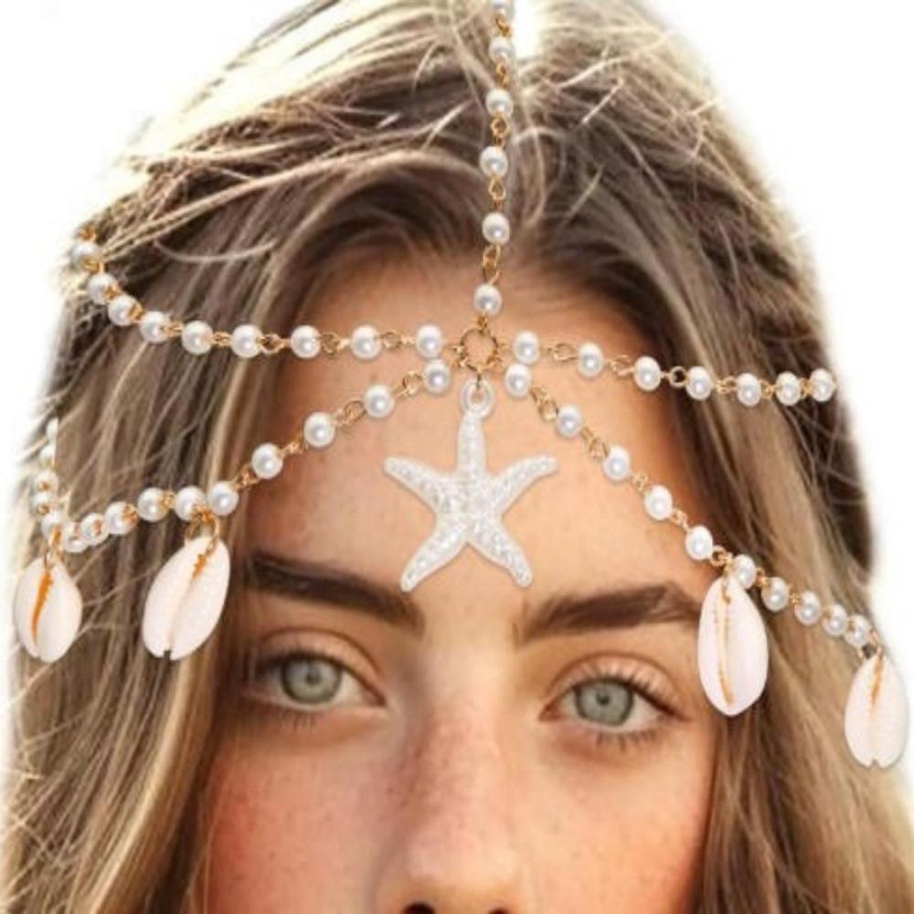 Pearl Bohemian Hair Chain Ocean Style Beaded Head Piece Boho Head Chain Beach Vacation