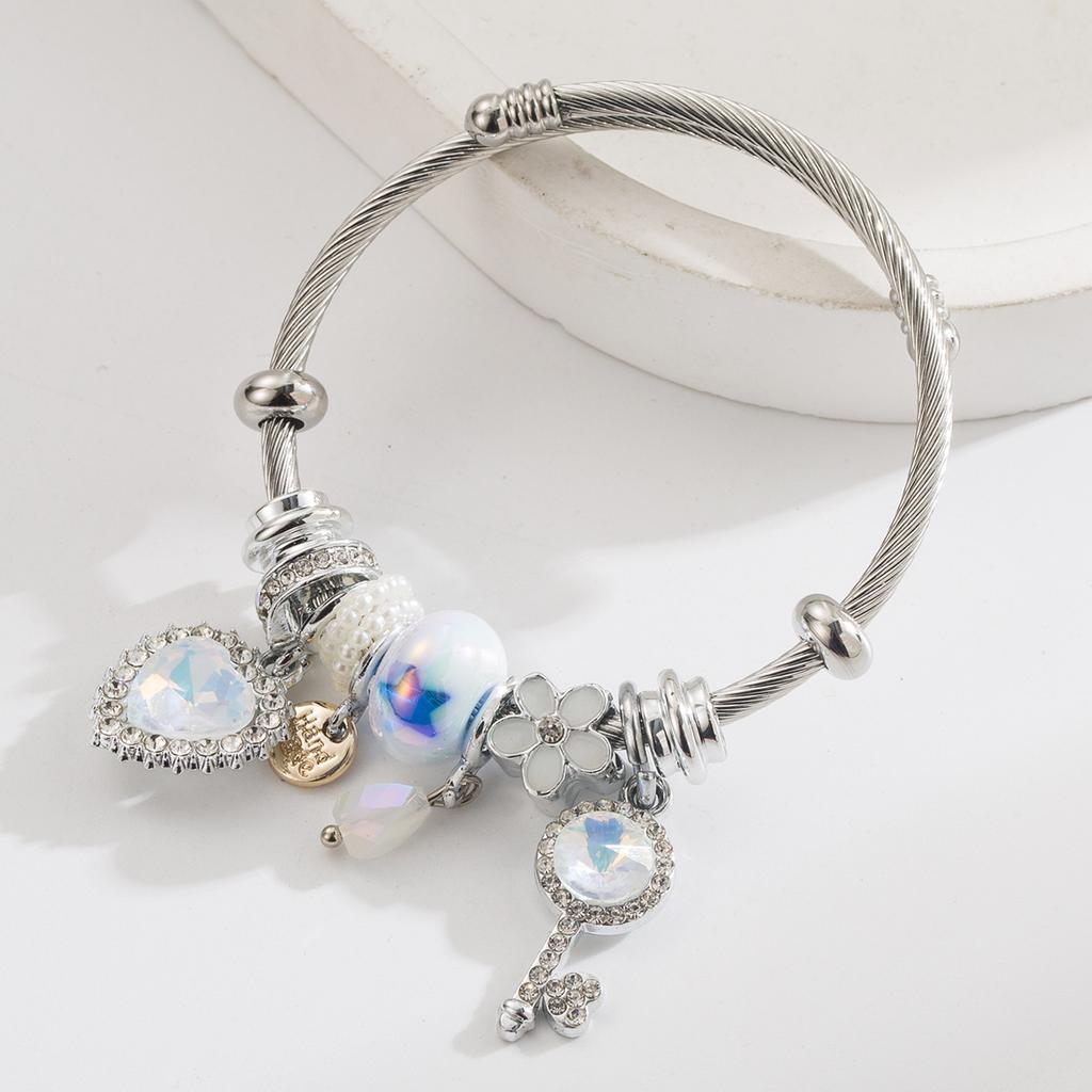 European American-style -inspired Beaded Bracelet Heart Key Flower Pendantsversatile Stainless Steel Adjustable