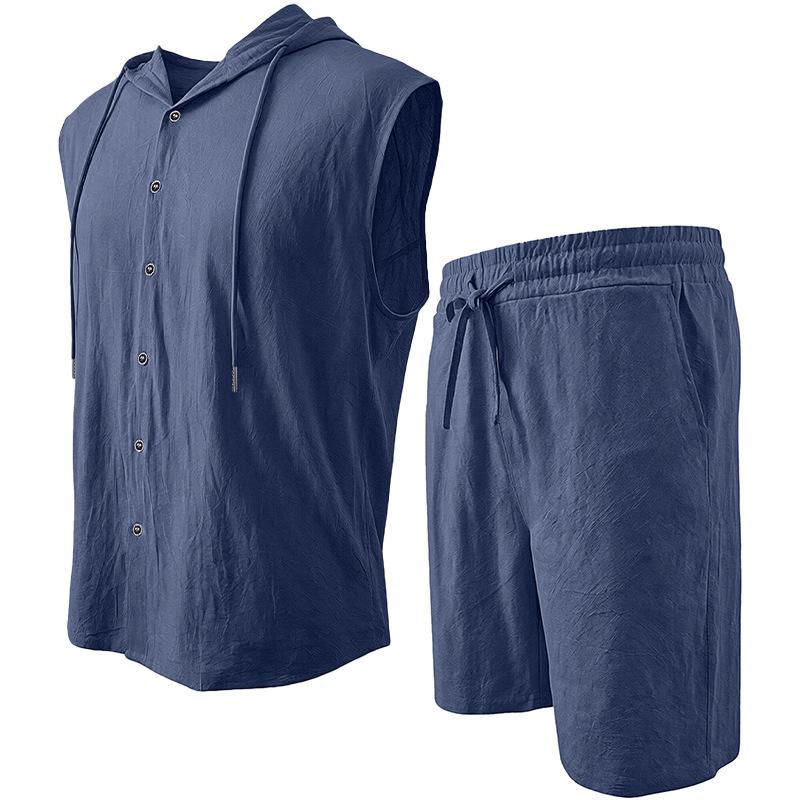 Men Shirt Shorts Two-piece Suit Hooded Sleeveless Shirt Adjustable Elastic Shorts Set Hiking Workout Summer Casual Outfit