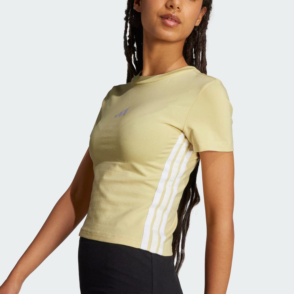 Adidas Essentials Slim Striped Round Neck Pullover Fitted Short Sleeve T-Shirt Women T-Shirts Powder-Yellow White JE1246