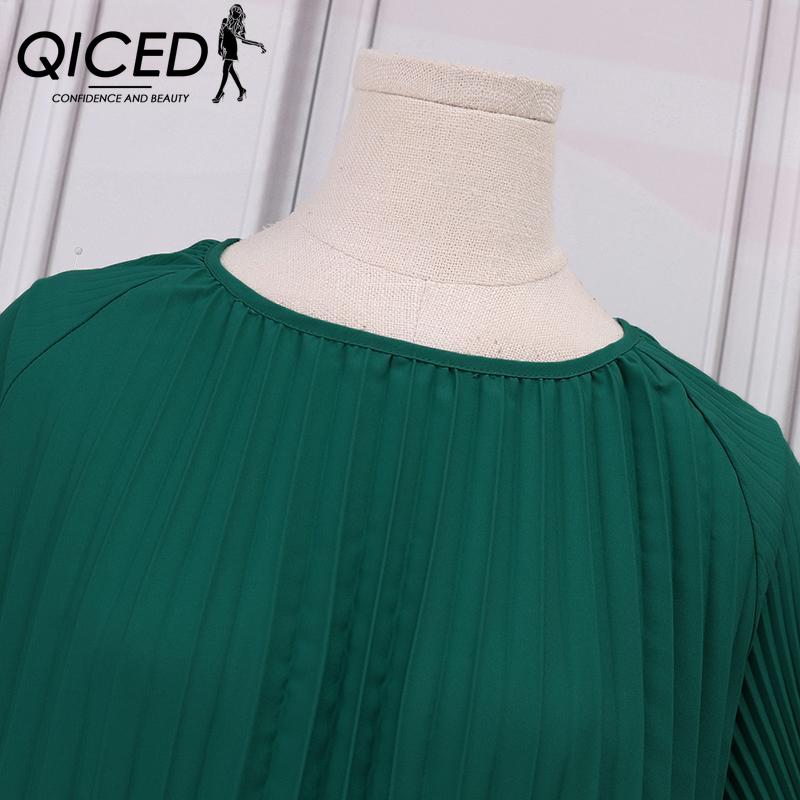 QICED Women Casual Summer Short Sleeve Round Neck Pleated Dress
