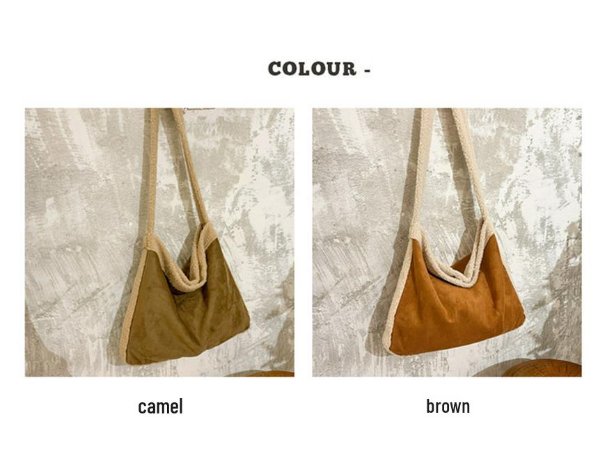 Retro Lambswool Spliced Shoulder Bag - Autumn/Winter Fashionable and Versatile