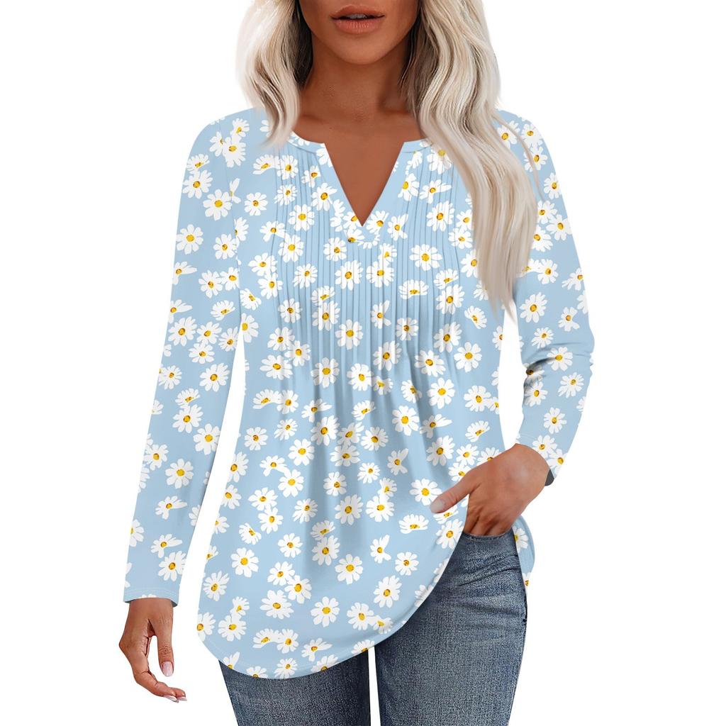 Dámská móda Ležérní Plisované Tričko s V výstřihem a Dlouhým Rukávem Elegantní Top