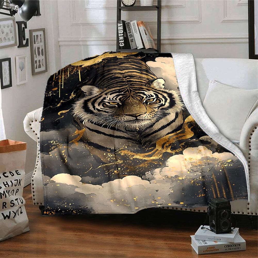 1pc Tiger Art Print Soft & Warm Polyester Knit Blanket, Digital Printed, All-Season Throw for Napping, Traveling, Sofa yy250906045