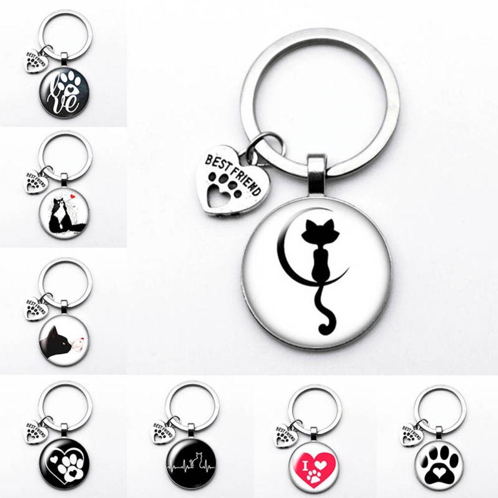 

Love Cat Pet Footprints Glass Cabochon Key Ring Cartoon Key Holder Car Key Chain Bag Hanging