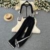 Autumn Winter Women Casual Striped Knitted Sweater Trouser Two Piece Set V-neck Pullover Tops and Wide Leg Pant Tracksuit