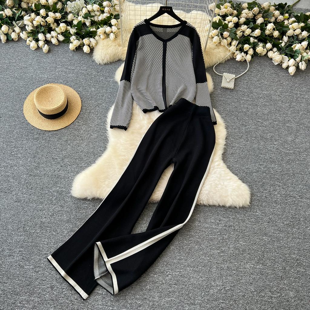 Autumn Winter Women Casual Striped Knitted Sweater Trouser Two Piece Set V-neck Pullover Tops and Wide Leg Pant Tracksuit