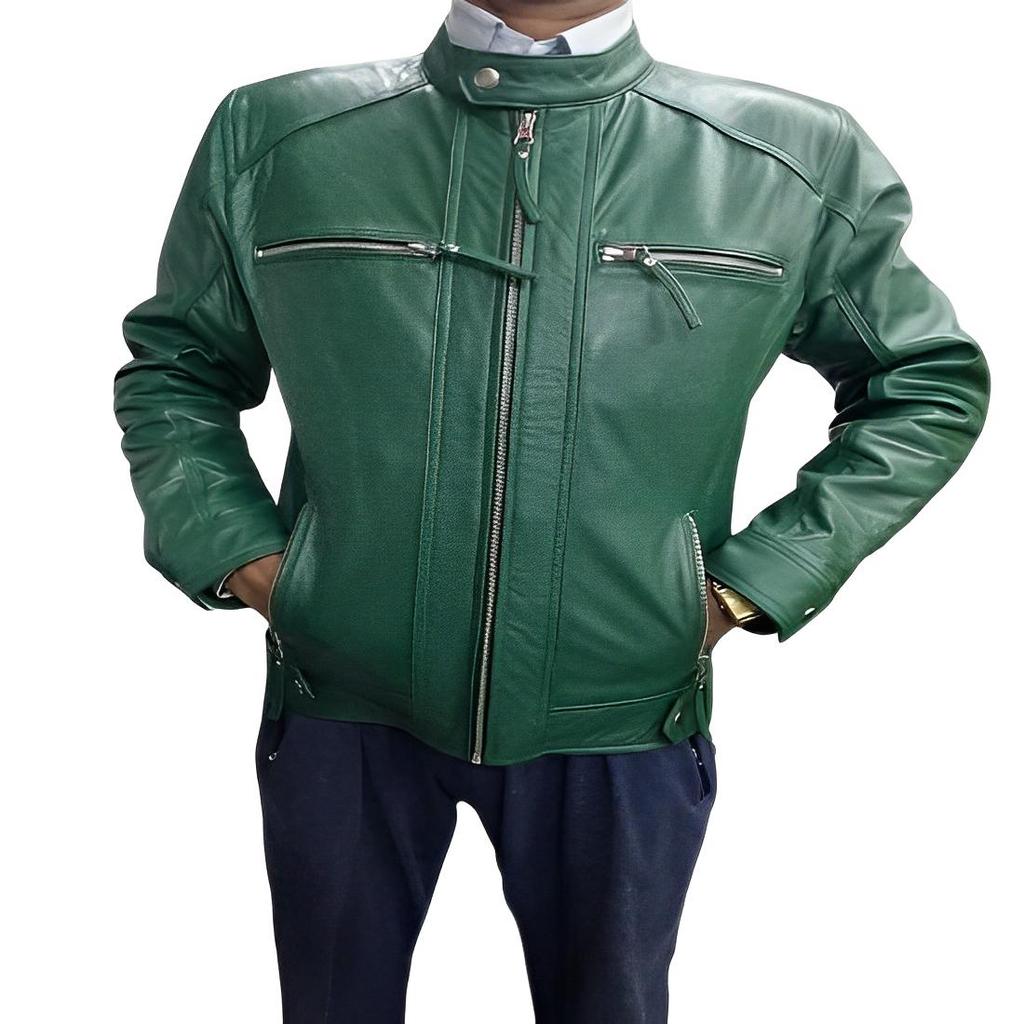 NOORA Men's Dark GREEN Leather Jacket | Slim Fit Real Biker Leather Jacket | Stylish Outwear Band COLLARED Jacket With Multi Zipper Pocket |