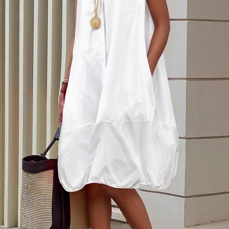 

European and American summer new products solid color sleeveless large size loose lapel medium and long women s shirt dress XXL білий