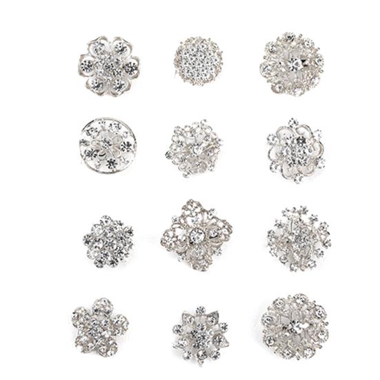 12Pcs Floral Brooch Hollow Jewelry Gift Alloy Rhinestone Bridal Scarf Brooch Pins for Wedding серебряный