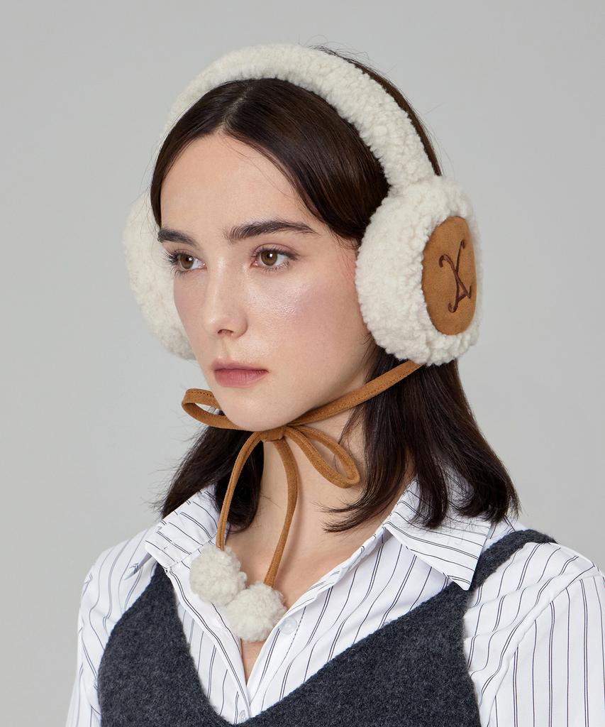 Bajal Va Curved Logo Sherpa Fur Earmuffs Cream