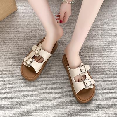 Fashion Flat Platform Slippers Sandals Summer New Round Toe Metal Buckle Outside Wear Heightened Casual Non-slip One-word Beach