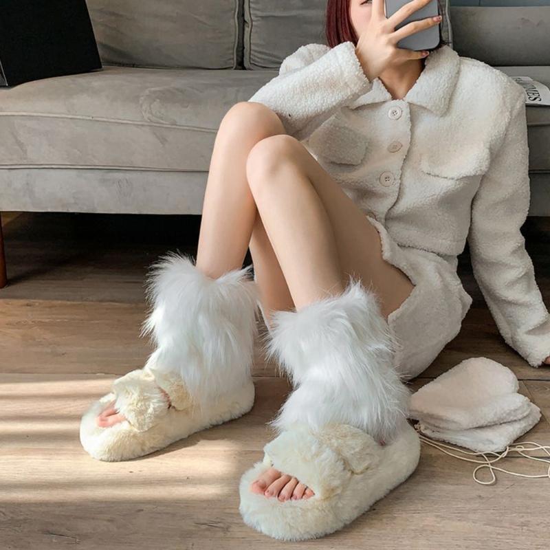Fuzzy Faux Furs Leg Warmers Furs Heels Long Boots Cuffs Cover Has Elastic One Pair Carnivals Boot Cover Y2K JK Uniform