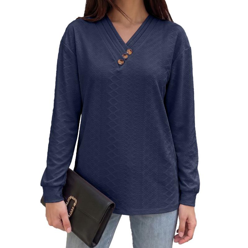 Solid Color V Neck Button Decor Loose Long Sleeve Casual T Shirt Top