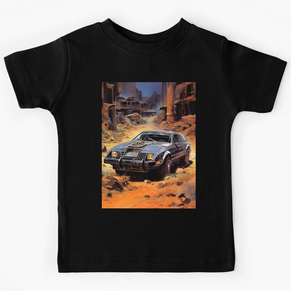 Landscape of Post Apocalyptic Retro-futuristic Car in Wasteland with Ruins of Metal and Concrete Structures of City and Night Sky Kids T-Shirt 110