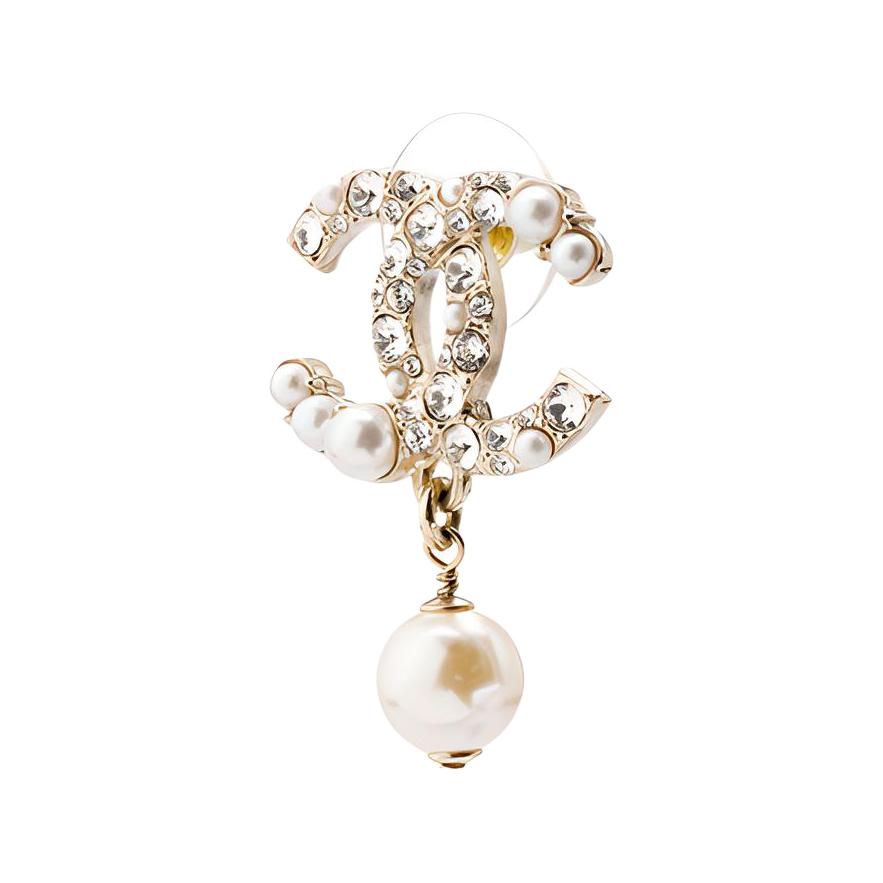 Chanel Double C Pearl Pendant Metal Earrings Women Earrings Gold Pearl-White AB5737-B04938-NB264