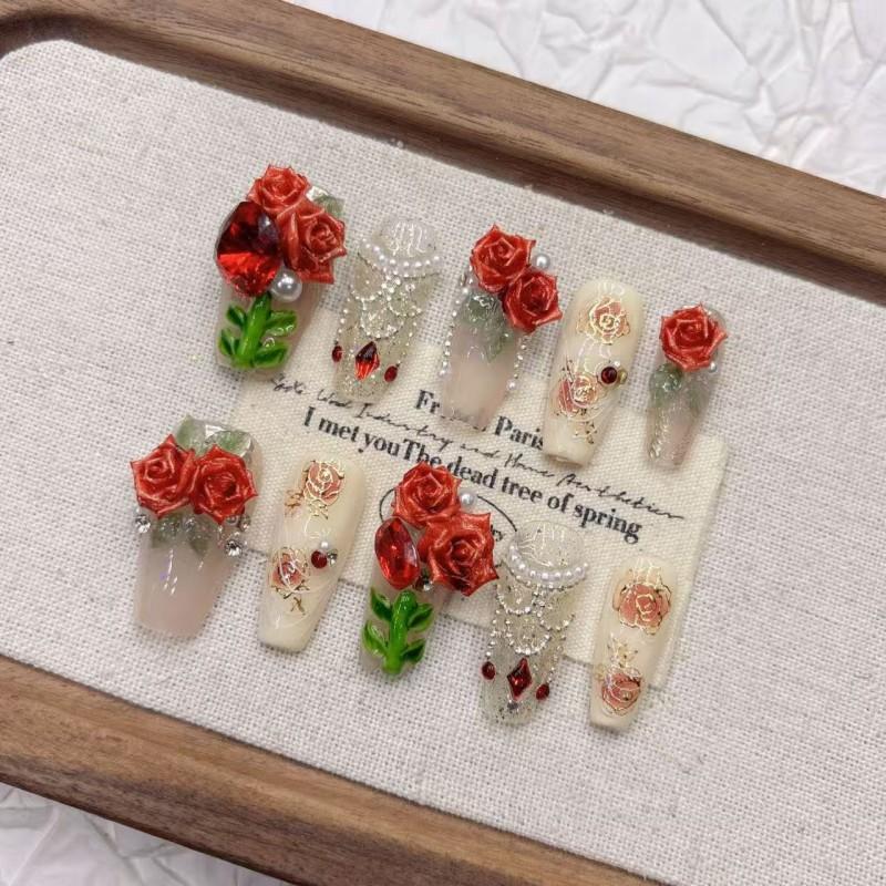 Handmade 3D Vintage Rose Press-On Nails Long Style 2026 New Design Women Girls