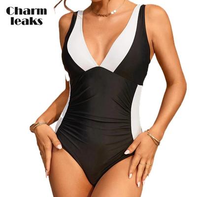 Charmleaks Sexy V-Ausschnitt Spleiß Solor Einteiler Badebekleidung für Frauen Doppelträger Badeanzug Monkini
