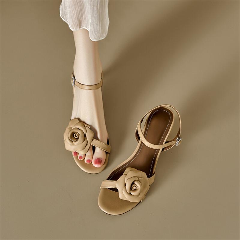 Fashion New Sheepskin Summer Sandals Round Toe High Heels Sandals Shoes for Women Zapatos Mujer Handmade Camellia Sandals Ladies Shoes