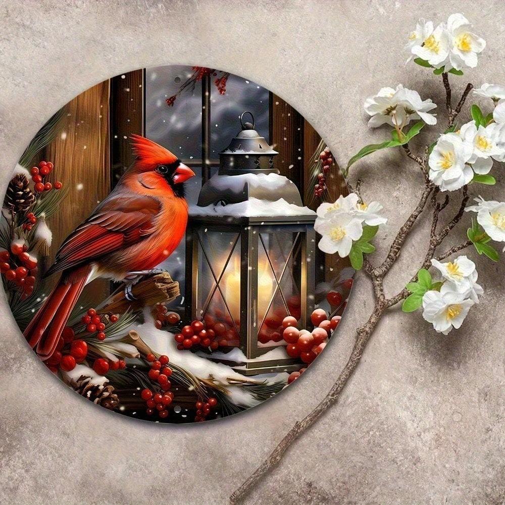 Vintage Metal Tin Sign Red Cardinal Winter Wreath Oil Lamp Retro Wall Decor for Home Bar Cafe Rustic