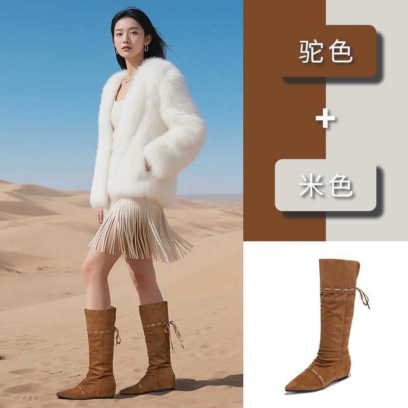 New retro knight boots women's 2025 autumn and winter new boots long boots women's two wear pointed pleated pile women's boots