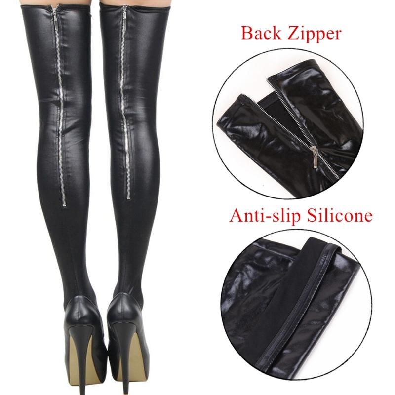 Plus Size Wet Look Pvc Leather Thigh High Stockings Women Sexy Back Zipper Party Socks Faux Boots  Pole Dance Clubwear