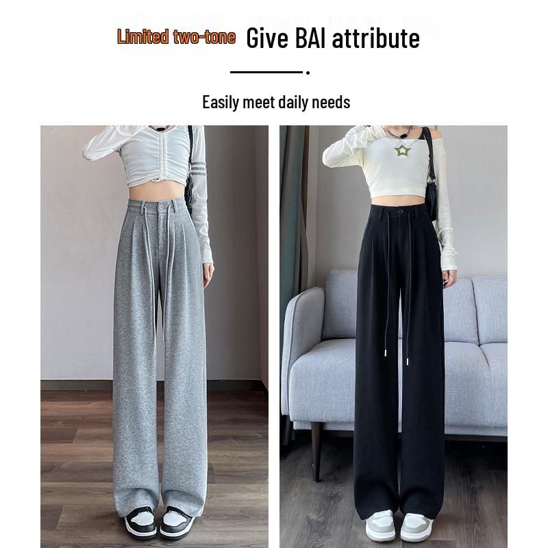 Women's Gray Wide-Leg High-Waist Sweatpants with Drawstring and Petite Fit