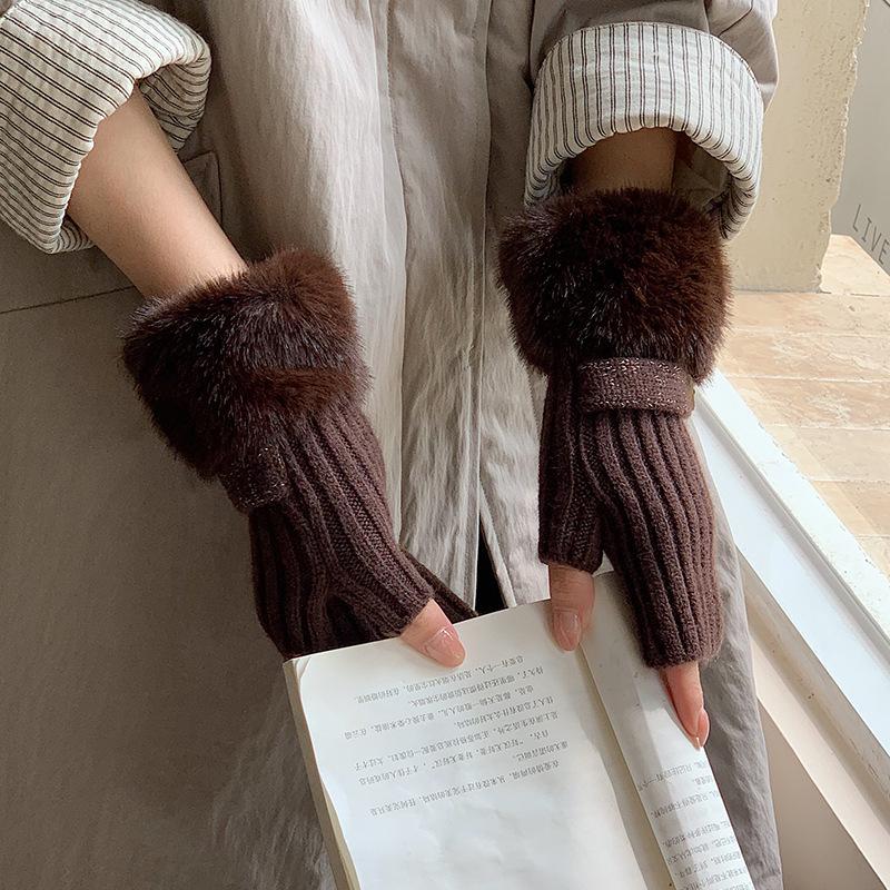 Women's Fluffy Winter Knit Gloves – Touchscreen, Half-Finger, Warm for Cycling
