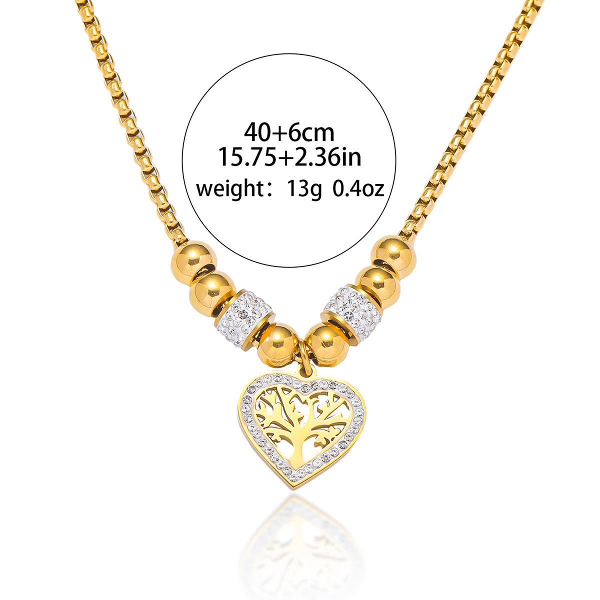 European American Style Round Bead Zirconia Heart Pendant Titanium Steel Necklace with Tree of Life Clavicle Chain