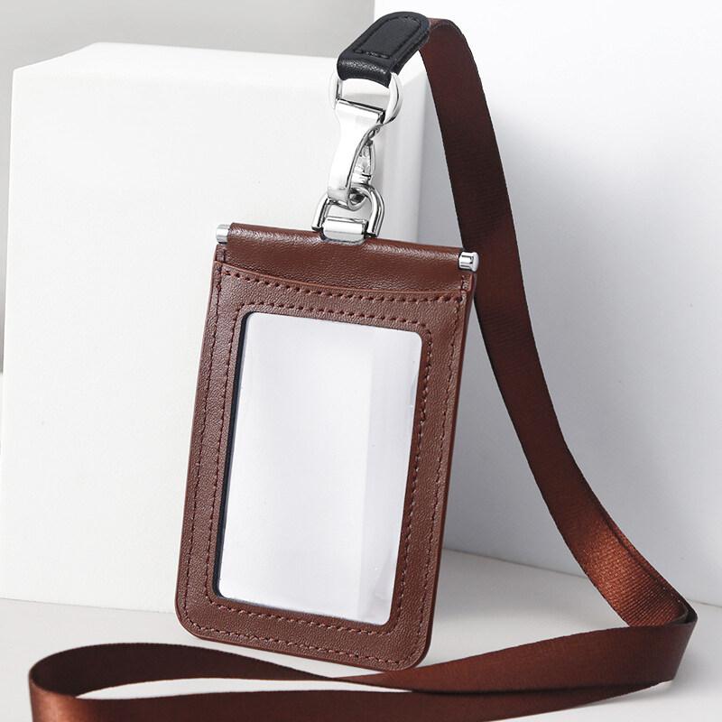 Double Sided Transparent PVC and Real Leather Work Card Holder with Lanyard Staff Hanging Neck Anti-interference Protection ID Badge Cards Cases