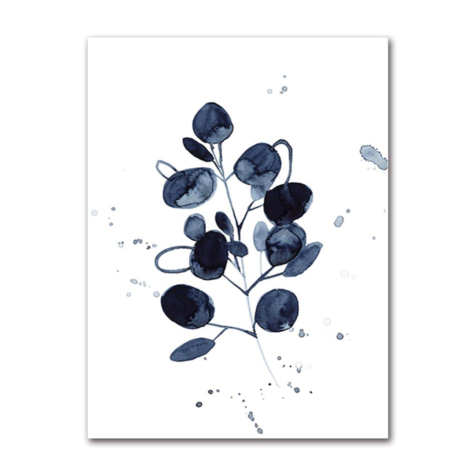 Watercolor Flower Poster Abstract Ink Blue Leaf Wall Painting Art On Canvas Modern Minimalist Image  Mural Roomdecoration
