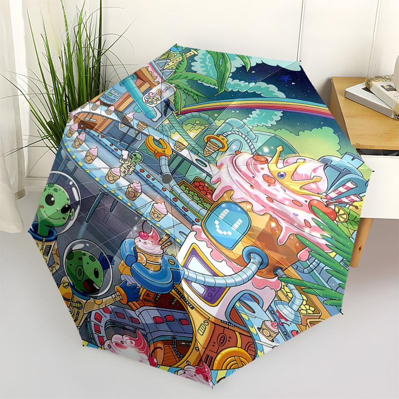 

1pc Outdoor Umbrella with Ice Cream Factory Print - Automatic Opening/Closing, Portable 3-Fold Design, 8-Bone Iron Frame - Perfect Gift for Fans,