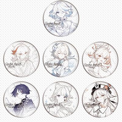Genshin Impact Line Art Sketch Badges: Scaramouche, Yoimiya, Lumine, Hu Tao, Kazuha, Ganyu, Furina