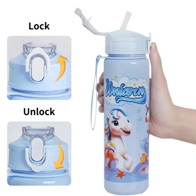 Einfarbige Pony-Wasserflasche 750ML mit Strohhalm Niedliche Cartoon-Wasserbecher für Kinder Camping Trinkflasche