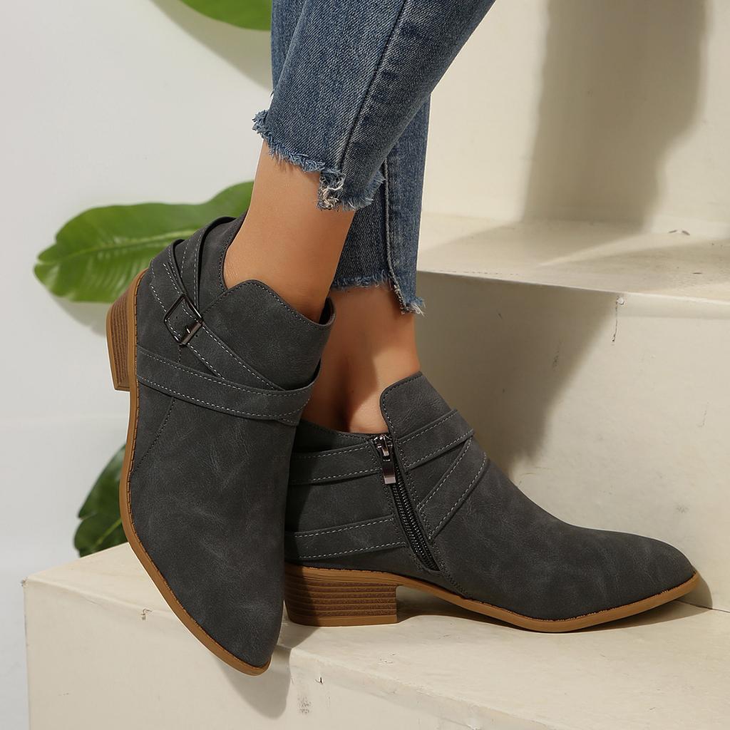 2025 Herbst und Winter neu Europäischer und amerikanischer Außenhandel große Größe spitze Zehenpartie Blockabsatz Seitenreißverschluss modische und bequeme Stiefelette