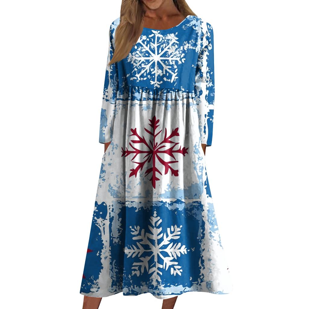 Women's Casual Crew-neck Christmas Print Mid-length Dress Long-sleeved Dress With Pocket