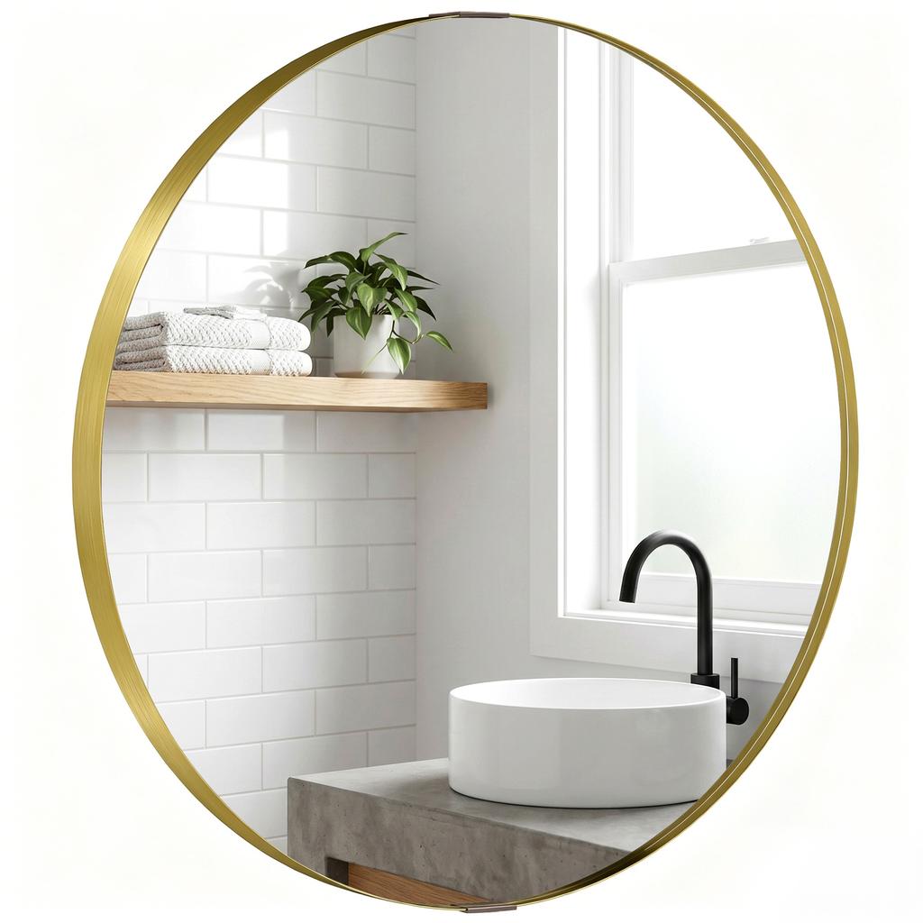 Round Wall Mirror 61 Cm Wall Mounted Bathroom Mirror With Tempered Safety Glass And Aluminium Alloy Frame Gold Tone