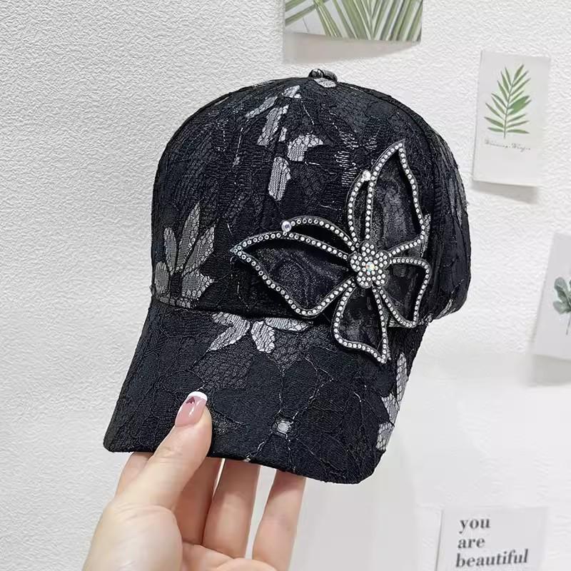 Women's New Style Lace Diamond-embellished Mesh Butterfly Baseball Cap Summer Fashionable Sun Protection Sun Hat