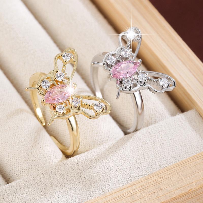 Women's Adjustable Butterfly Ring with Shiny Zircon Inlays, Exquisite Pure Copper Jewelry