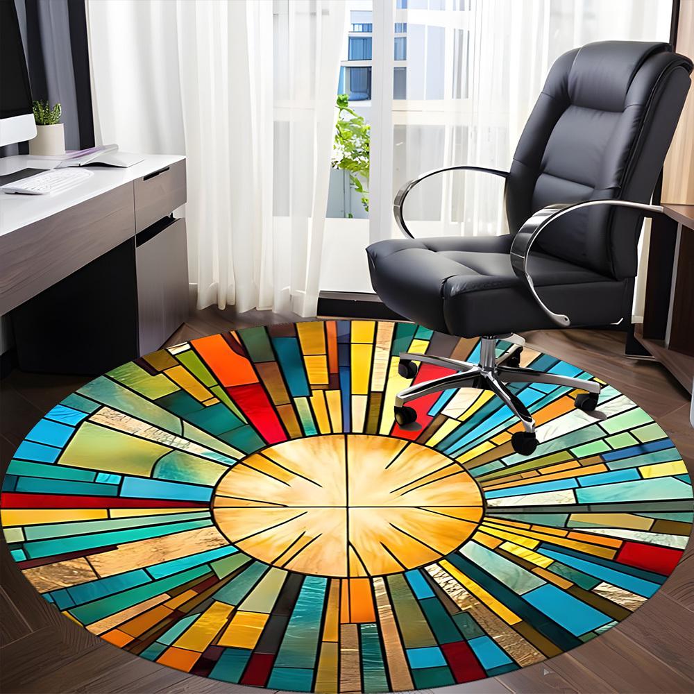 1pc Stained Glass Sunburst Office Round Area Rug, Indoor Mat Suitable ForOffice, Under Office Chairs Bedroom Living Room Home Decor, Room Deco D058