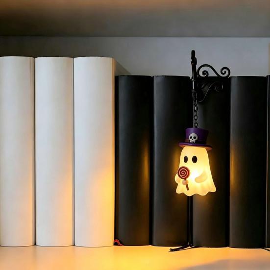 Reading Nook Accents Halloween Iron Library Lamp, Vintage Bookshelf Light with Ghost Pumpkin Bat Study Room Atmosphere Pendants, Nightlight,
