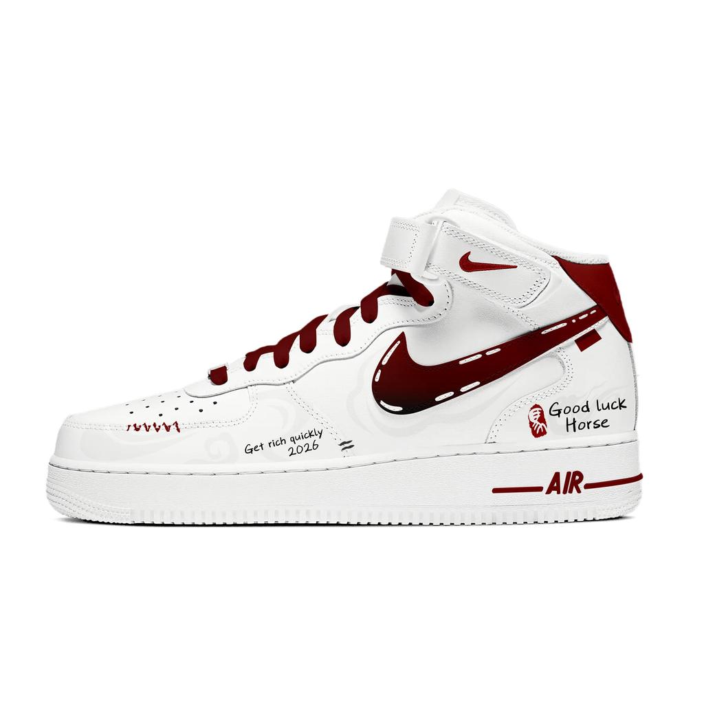 Nike Air Force 1 Rood Geluk Snel Paard Antislip Antislip Middelhoge Skateboard Schoenen Heren Wit Rood CW2289-111(Team1868-)