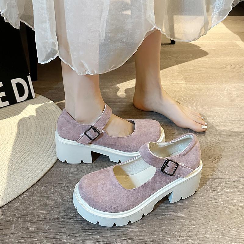Mode Herbst Damen Flock Mary Jane Schuhe mit dicker Sohle und quadratischem Absatz Weibliche Harajuku Schuhe mit dickem Absatz Japanische Einzel Schuhe 2025 Pumps