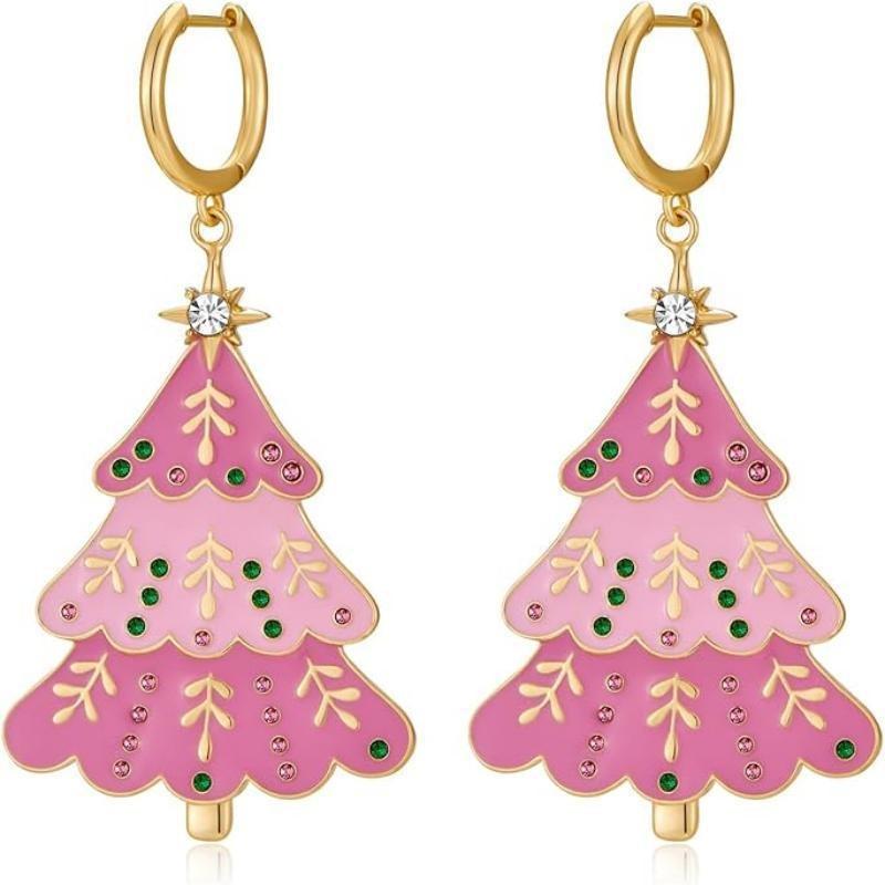 Premium Alloy Pink Christmas Tree Earrings And Necklace Set Perfect For Holiday Gatherings