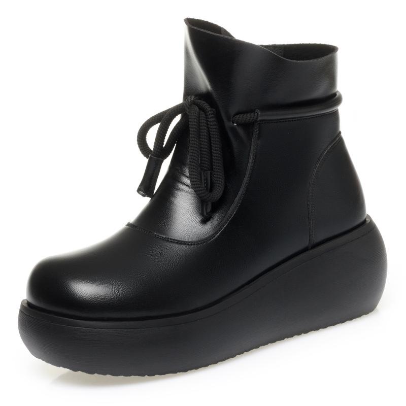 Autumn and Winter New Retro Thick-soled Soft Leather Martin Boots Lace-up Light Short Boots Velvet Warm Women's Shoes Comfortable Cotton Shoes