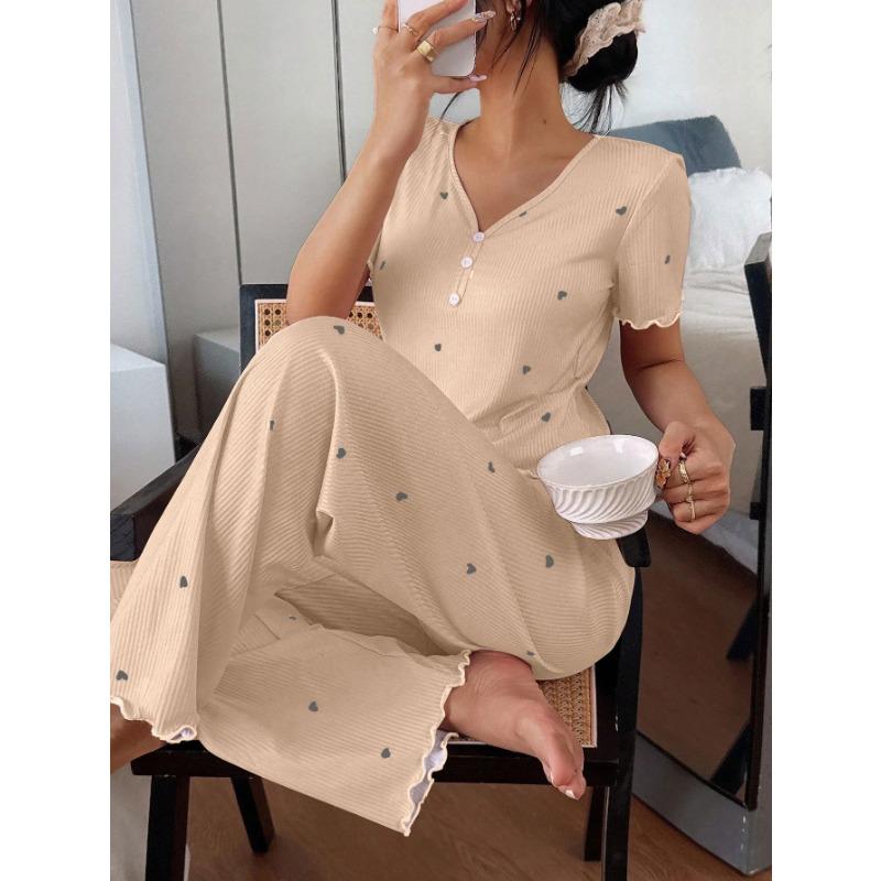 Women Short Sleeve Heart Print Ribbed Long Pants Pajama Set Casual Home Sleepwear