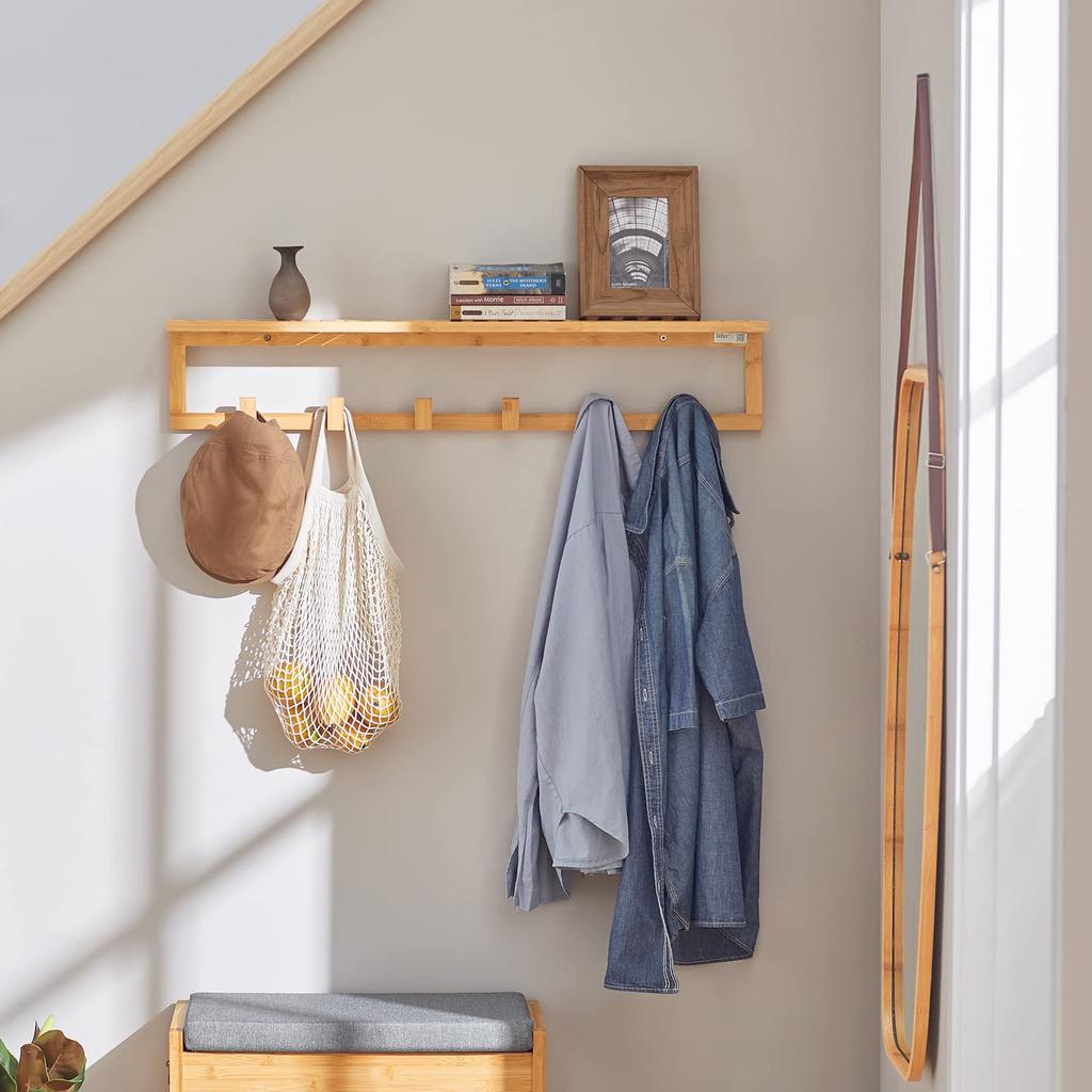 SoBuy Wall Wall 90cm Decorative Stylish Storage and Hat Clothes Coat Coat Hanger Hook Shelf, Hanger, Wall-Mounted Hooks, Bamboo, Wide, Shelf,